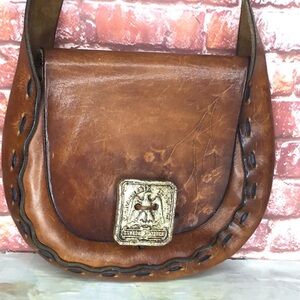 Vintage 70s Walnut Leather Hand Tooled Stone Masonic Eagle Hippie  Shoul…
